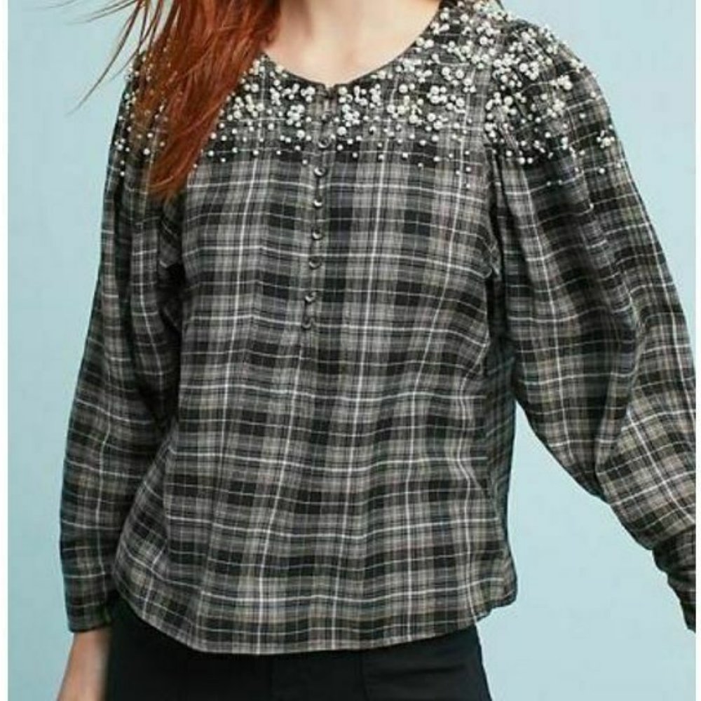 [3 for $15] Akemi + Kin Pearl Beaded Grey Plaids Blouse Shirt